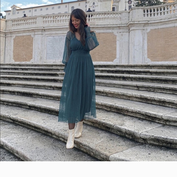 Zara Green Long Sleeve Dress Weddings Slip Sheer Midi Gorgeous Deep Green Small - Picture 1 of 16